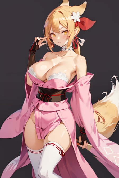 AbenoSeimei, 1girl, solo, long hair, ponytail, blonde hair, large breasts, white thighhighs, hair ribbon, fox ears, cleavage, bare shoulders, collarbone, tail, yellow eyes, detached sleeves, pink kimono, japanese clothes, choker, wide sleeves, sash, fox tail, obi, bridal gauntlets, 