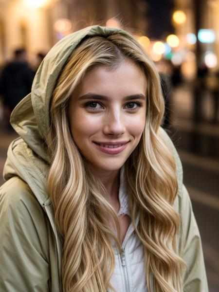 <lora:emma3-29:1> emrb,long wavy hair ,blonde hair,close-up, city street,wearing parka,masterpiece, soft lighting,golden hour,bokeh,dof, smile,volumetric lighting  <lora:add_detail:1>