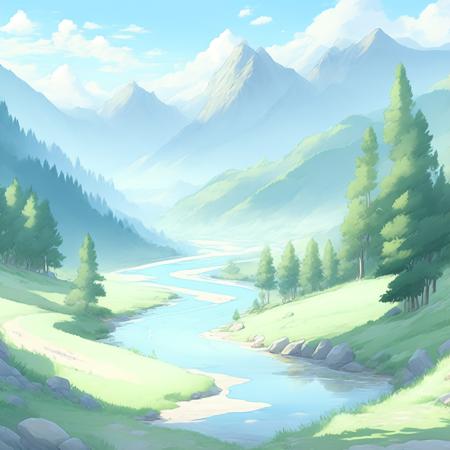 anime rendition of Peaceful river valley, serene scenery, epic landscape (RiverValley style:1) <lora:djzRiverValley:0.8)