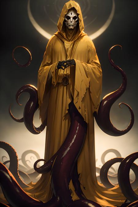 {high quality}, octane render, Ultra HD, cinematic ray, depth of field, 
yellow hoof, robe, tentacles, dark theme, white mask, horror,
 <lora:黄衣之主HasturV1:1>