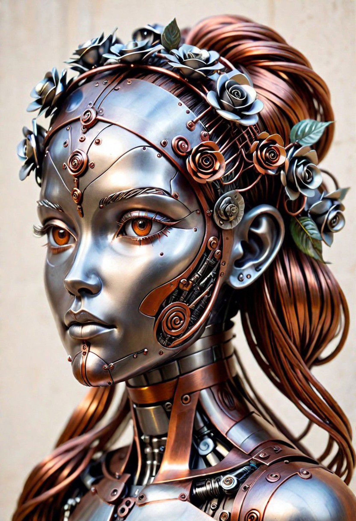 made of metal hairband with small metal roses, Roboticizer, futurism, cyborg, copper wire hair, cowboy shot, silver skin, ...