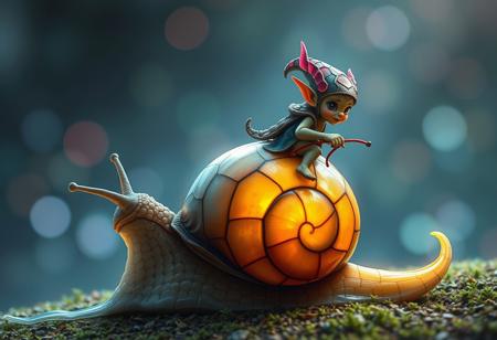 a tiny goblin jockey riding on the back of a giant snail, neon reins,the snail's shell is made of stained glass, slime trail, neon bokeh, in the style of a fantasy painting