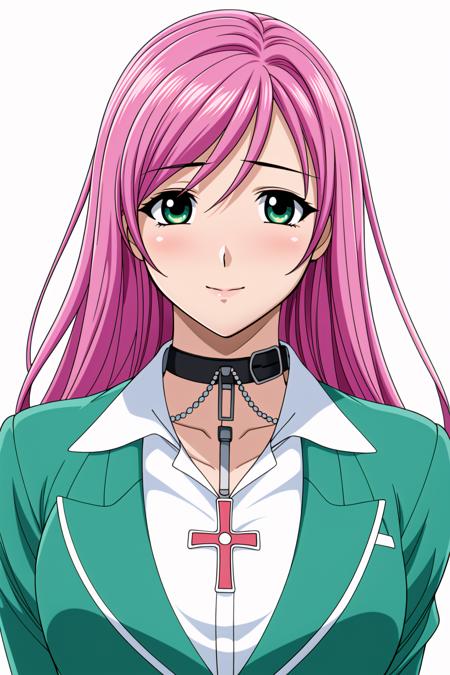 Simple White Background,
school uniform, green jacket,white collared shirt, 
<lora:Outer_Moka_Akashiya_Rosario-KK77-V1:0.7>,cross necklace, Black Choker,Chain,
Pink Hair,long hair,Green eyes,Bangs,
<lora:Oda_Non_Style-KK77-V2:0.3>,<lora:more_details:0.3>,
1 girl, 20yo,Young female,Beautiful Finger,Beautiful long legs,Beautiful body,
Beautiful Nose,Beautiful character design, perfect eyes, perfect face,expressive eyes,perfect balance,
looking at viewer,(Focus on her face),closed mouth, (innocent_big_eyes:1.0),(Light_Smile:0.3),
official art,extremely detailed CG unity 8k wallpaper, perfect lighting,Colorful, Bright_Front_face_Lighting,White skin,
(masterpiece:1.0),(best_quality:1.0), ultra high res,4K,ultra-detailed,
photography, 8K, HDR, highres, absurdres:1.2, Kodak portra 400, film grain, blurry background, bokeh:1.2, lens flare, (vibrant_color:1.2),professional photograph,
(Beautiful,Breasts:1.0), (beautiful_face:1.5),(narrow_waist),