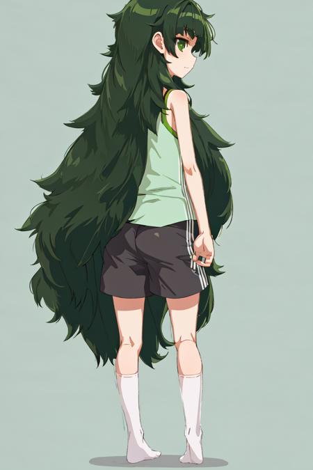 best quality, masterpiece, 1girl, solo, maho, messy hair, bangs, dark green hair, green eyes, full body, standing, white camisole, socks, very long hair,  shorts, (from behind:1.2),