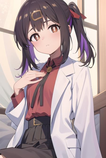 miharioyama, <lora:miharioyamatest:1>, mihari oyama, black hair, (brown eyes:1.3), hair between eyes, hair ornament, hair ribbon, hairclip, medium hair, multicolored hair, purple hair, ribbon, streaked hair, twintails, two-tone hair,
BREAK black skirt, bolo tie, lab coat, long sleeves, red ribbon, red shirt, ribbon, shirt, skirt, wing collar,
BREAK looking at viewer,
BREAK indoors, bed,
BREAK <lora:GoodHands-vanilla:1>, (masterpiece:1.2), best quality, high resolution, unity 8k wallpaper, (illustration:0.8), (beautiful detailed eyes:1.6), extremely detailed face, perfect lighting, extremely detailed CG, (perfect hands, perfect anatomy),