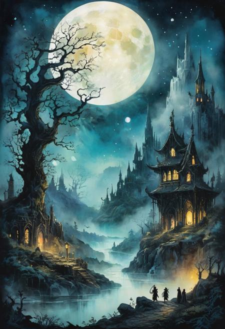 A breathtakingly intricate storybook illustration of the Lost Land of Otherworldly Dreams, set beneath a midnight sky drenched in gothic gloom. The moon casts a cold, ethereal glow across a fog-wreathed landscape filled with mythological figures and ancient ruins. Crafted with a mix of watercolor, ink, and acrylic on cracked, timeworn paper, the composition features double exposure elements—blending mysterious forests with spectral beings and glowing magical artifacts. The scene teems with vibrant colors and luminist glow, yet shrouded in deep shadows and mist. Every inch of the artwork bursts with ultra-fine details—tiny runes etched on crumbling stones, glowing eyes in the fog, enchanted flora radiating soft light. A perfect harmony of mystical narrative and cinematic scale, this artwork invites the viewer into a forgotten realm of dreams, spells, and shadowy myths.