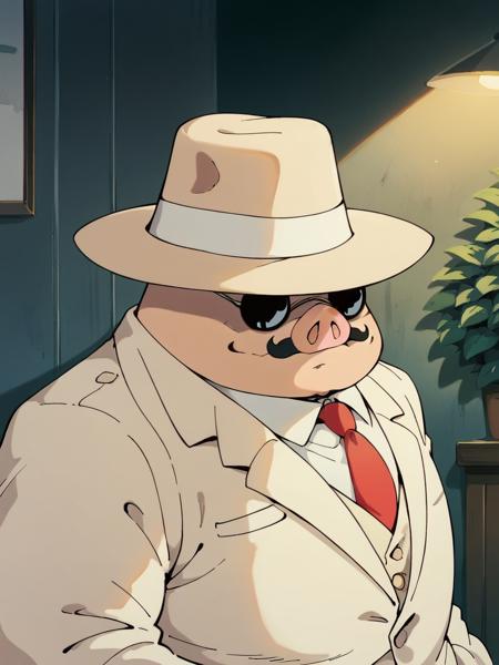 1boy, pig, porch rosso, monster boy, mustache, sunglasses, suit, hat, necktie,  trench coat, scarf, goggles, hat,