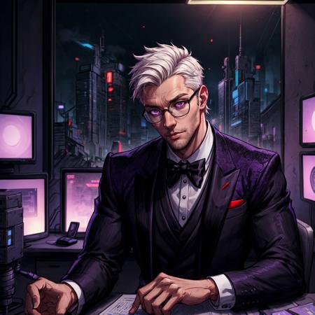 best quality, detailed, ultra detailed, intricate details, depth of field, cinematic lighting, bokeh, absurdres,  detailed background, dynamic background, a handsome man,  tall, short white hair, squared glasses, purple eyes, CEO, sleek purple and black tuxedo, office, science fiction, cyberpunk, sitting behind desk