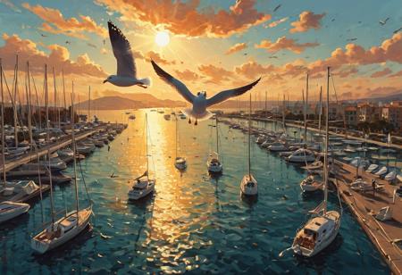 From behind, from above, two seagulls flying over a marina with lots of different t, pes if sailboats and small yachts, burning sun, single small clouds by RHADS and Alena Aenami.