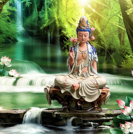 Guanyin sitting on a lotus flower seat, Guanyin Bodhisattva, Avalokitesvara, Chinese temples scattered in the forest not far away,   waterfall cascading into a lake or stream in the background, mountains and briliant small lake in the background, Lotus in the foreground, Clear and distinct fingers, clear and distinct toes, clear and distinct facial features,jewelry, leaf, lily flower, lily_pad, necklace, plant, solo, chinese temple, path, cherry blossom, sharp focus, the sun's rays, sparkly ripples, wind ripples, hyper hight detailed, real photo, intricate details, perfect composition, beautiful detailed intricate, 8 k photography, photorealistic, masterpiece, Photo-realistic, Image enhancement,Image post-processing,Image retouching