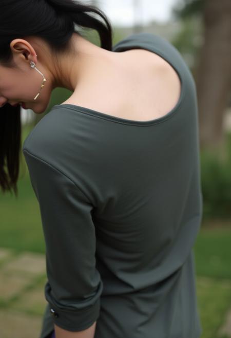 black hair, small breasts, bent over, outdoors, shirt, closed eyes, nail polish, ponytail
all fours, blurry,makeup,piercing,teeth,looking back,mole on ass, back,open mouth,
