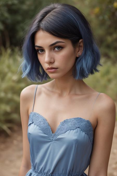 1girl, photograph of a cute 18 year old arab girl, (Side-Parted Pixie Bob blue fusion shade hair),  (thin almond detailed blue eyes), sharp stare, detailed face,  collarbone,  (Portrait Photography), shadow, (apathetic expression), nsfw,   <lora:Perky Breasts By Stable Yogi:0.5> , blue dessert silk dress