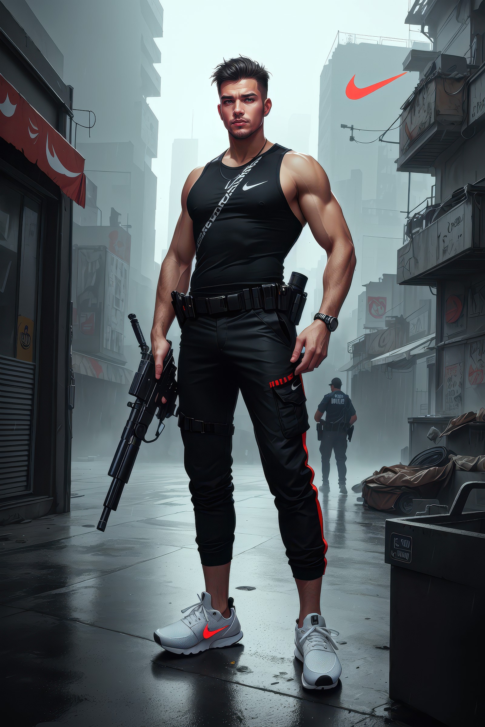 A broad shouldered, muscular man wearing Acronym p-31 Ds pants and Sleeveless shirt and Nike Acronym presto sneakers, roof...