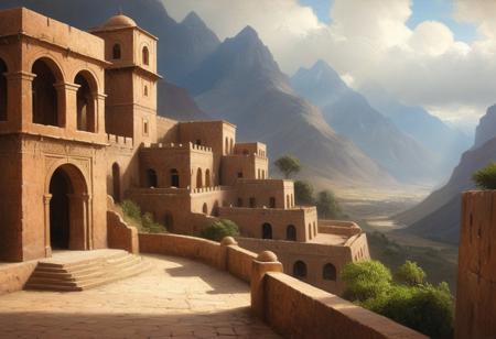 An oil painting in the style of Frederic Edwin Church and Ivan Aivazovsky, capturing a monumental Andean-Sahel fusion structure set against a dramatic mountain backdrop. The warm, earthy adobe walls of the building rise elegantly from carved stone terraces, with large, open arches and geometric patterns influenced by Sahelian design. Sunlight highlights the textured surfaces, while shaded courtyards and wooden latticework cast intricate shadows. Green rooftop gardens and solar panels blend naturally with the scene, adding harmony between architecture and landscape. The painting evokes a sense of epic scale, rich detail, and a timeless, serene atmosphere
Breathtaking high fantasy cityscape nestled in a mystical valley, showcasing Andean-Sahel Fusion Architecture. The city features massive stone pyramids with trapezoidal doorways and terraced levels, crowned by conical thatched towers. Intricately carved wooden balconies and vibrant stained-glass windows adorn the structures. Walls of precise ashlar masonry alternate with textured stucco sections painted in warm earth tones.
Winding cobblestone streets connect enchanted plazas with ornate fountains. Colonnaded walkways with Renaissance-inspired arches line the streets, where ethereal beings mingle. Lush hanging gardens cascade from terraced rooftops.
