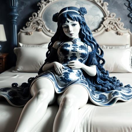 a statue of a (bwporcelaincd, porcelain) girl, sexy pose, sitting, long hair, dress, (solo:1.2), <lora:bwporcelaincd-000016:1.0>, no humans, high quality, masterpiece, realistic, photorealistic, long-focus, looking at viewer, in bedroom, on bed, full body