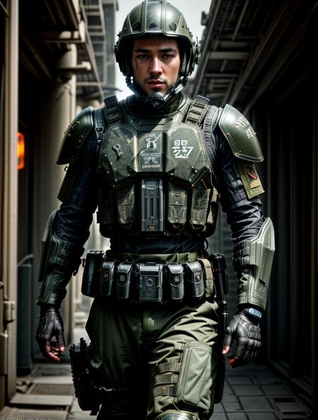 Create a cinematic, filmic image ((best quality)), ((masterpiece)), ((realistic)) of (((post nuclear landscape))). Show an army ranger and [full body]. Combat armor, tattoos, tanks, 24mm, 4k textures, soft cinematic light, adobe lightroom, photolab, hdr, intricate, elegant, highly detailed, sharp focus, ((((cinematic look)))), soothing tones, insane details, intricate details, hyperdetailed, low contrast, soft cinematic light, exposure blend, hdr, faded, <lora:more_details:.8>, <lora:wowifierV3:.8>