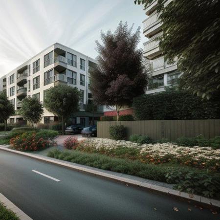 RAW photo of a residential complex of several buildings, surrounded by trees and roads, common garden, 1man, flower, bush, render, matte colored facade, entire building, wide shot, architectural view, 8k uhd, dslr, soft lighting, high quality, film grain, Fujifilm XT3,  <lora:lan_architecture_visualization:0.82>