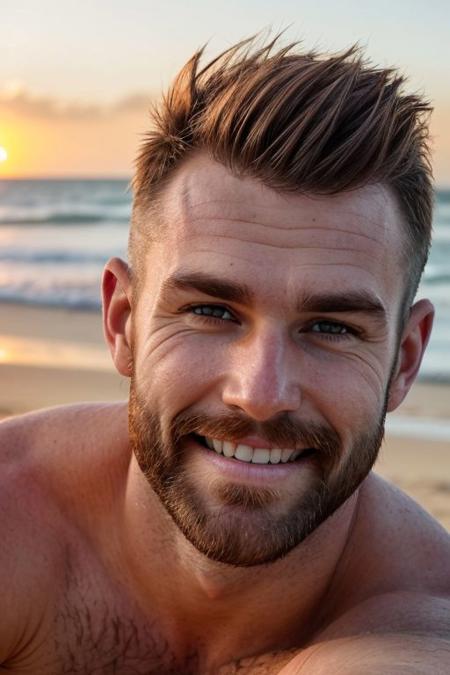 A close-up photo of a handsome hairy fit australian man, on the beach, looking the viewer, sunrise, smile, undercut hair