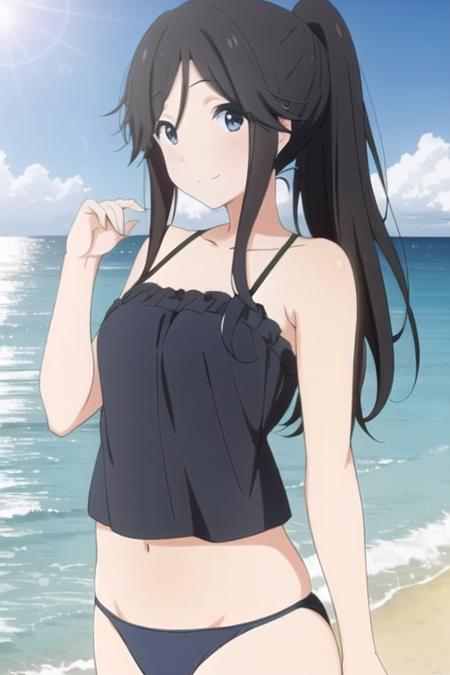 <lora:kasaki_nozomi_v4-000006:0.6>, high quality, masterpiece, beautiful, 1girl, (kasaki_nozomi), ((flat chest)), high ponytail, blue eyes,  black_hair, swimsuit,  beach, (standing), smile