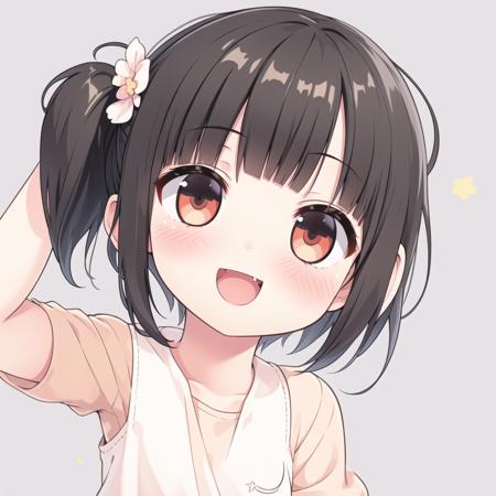 best_quality,masterpiece,1_girl,  <lora:cura:0.6>,  smile, fang, black hair, short hair,bangs, open mouth, side ponytail,arm up,  blunt bangs, flipped hair