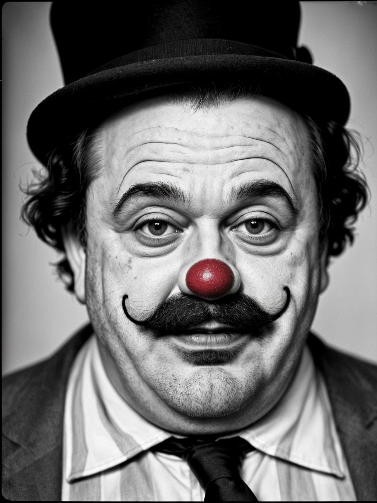 A man wearing a top hat and a clown nose.