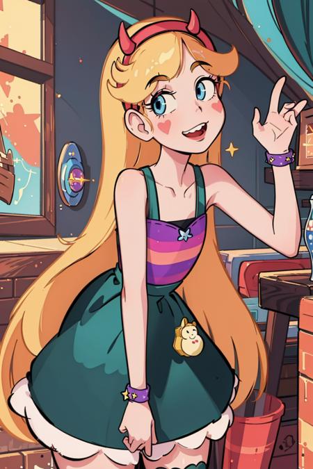 (masterpiece, best quality, high resolution:1.4), 1girl, woman, star butterfly, rainbow outfit, smile, horn hairband, looking at viewer, <lora:StarButterfly_v1.1:1>