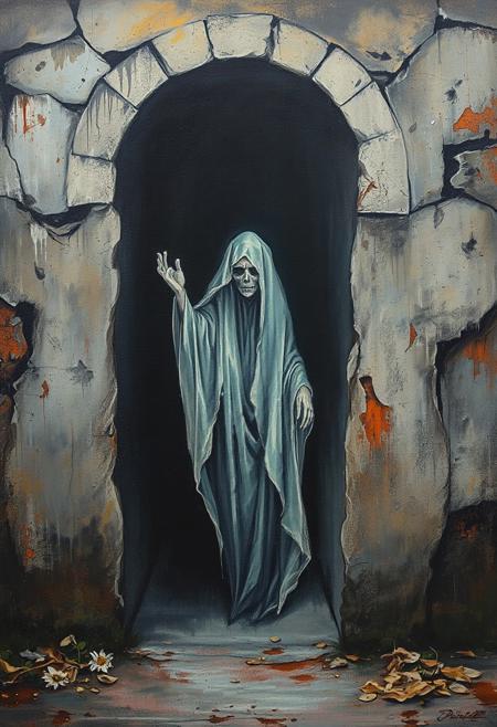 A ghostly figure painted on a forgotten tunnel wall, appearing as though she is trapped beneath the surface
stylized figurative painting, Symbolist influences, muted yet rich color palette, dramatic chiaroscuro, elongated forms, emotional intensity, religious and folkloric themes, Gothic undertones, strong narrative composition, soft yet defined brushstrokes, harmonious balance of realism and stylization, allegorical storytelling, quiet yet powerful visual expression