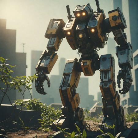 cinematic photo cinematic photo cinematic photo cinematic photography, solo, (MRS) ,super fine concept art, extremely detailed, a overgrowth (solarpunk:1.3) heavy mech, hard surface, plants, solar panels, hands, hawken, sci-fi, battlefield, <lora:srdxl_v2k:0.8> <lora:ovrgrwth:1> from_below, solarpunk city, shot on Canon EOS 5D, ND filter, natural lighting, in style of Christopher Nolan <lora:add-detail-xl:2><lora:lcm_sdxl:1.0> . 35mm photograph, film, professional, 4k, highly detailed, ( solar panels on top of robot). . 35mm photograph, film, bokeh, professional, 4k, highly detailed, cinematic  photorealistic, 8k uhd natural lighting, raw, rich, intricate details, key visual, atmospheric lighting, 35mm photograph, film, bokeh, professional, 4k, highly detailed . 35mm photograph, film, bokeh, professional, 4k, highly detailed