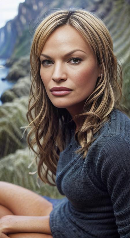 Jolene Blalock, (sharp focus:1.2) , photo, attractive young woman, slightly smiling and looking at the camera, (beautiful face:1.1), detailed eyes, luscious lips, pink lipstick, makeup, (smokey eye makeup:0.85), (medium breasts:1.0), (athletic body:1.2), on a (cliffside:1.2), (moody lighting:1.2), depth of field, bokeh, 4k, HDR. by (James C. Christensen:1.2|Jeremy Lipking:1.1).