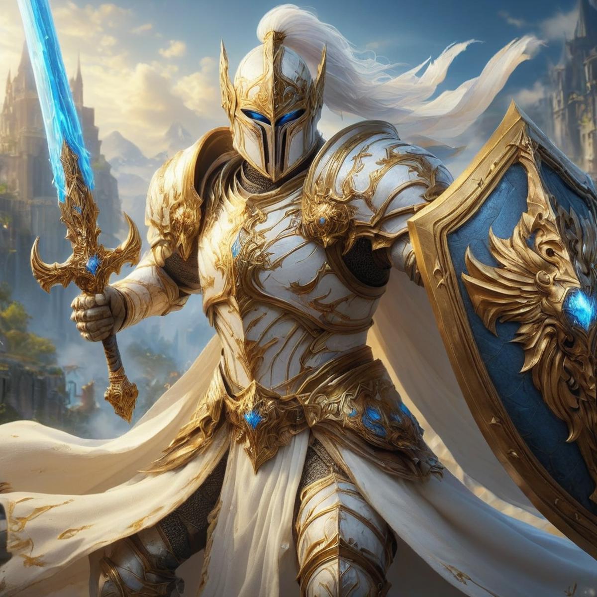 A 3D rendered image of a knight in white armor, holding a blue sword.