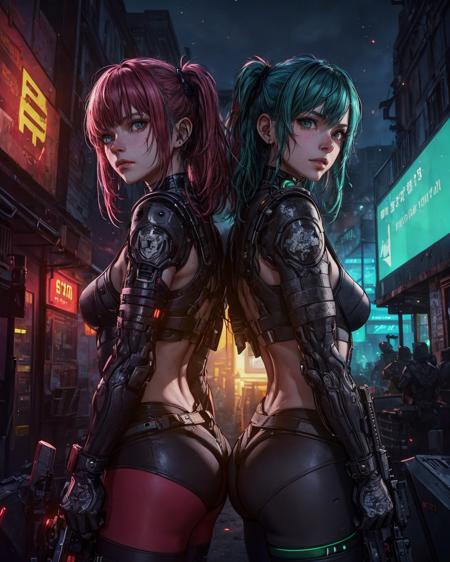 (best quality, masterpiece:1.2), 8k detailed cgi render, thick outlines, strong shadows, <lora:add_detail:0.75>,
sfw, movie poster of( 2girls, adult twin girls:1.1), long green multicolored hair, back-to-back, posing, confident, closeup shot, looking at viewer,  standing, cyberpunk assassin outfit, tattos, holding guns, techwear, advanced technology, dark dystopia, fluorescent lit-up mechanical parts, neon,  cinematic atmosphere, symmetrical composition, barn in background,  fluorescence, bokeh, particle effects,
<lora:generalIllustrationLora_lycoSafetensors:0.8>,