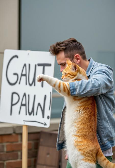 cat punching a man who is holding a sign