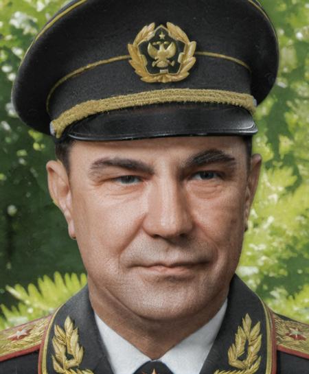 half-length portrait of dmitry yazov wearing military uniform and cap and sunglasses smiling in a garden, outdoors, <lora:dmitry_yazov_v3:1>