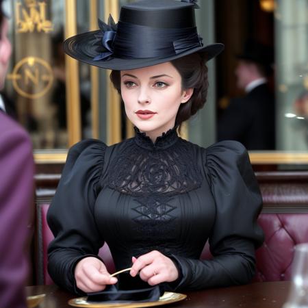 masterpiece, uhd, sharp color  photo of a beautiful woman wearing a high-neck layered black dress, with a hat on, flirting with men at a Parisian cafe  <lora:1890_dress_v1:1> 1890_dr3ss