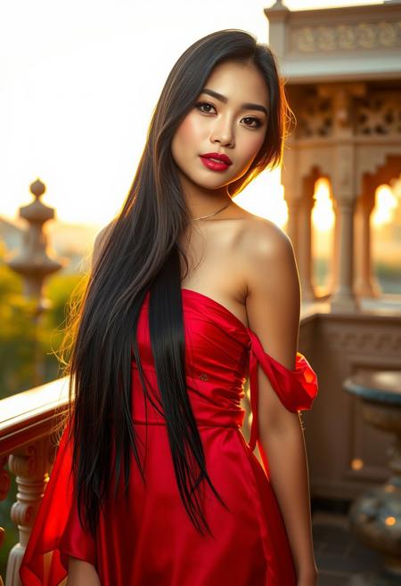 A hyperrealistic, ultra-detailed cinematic photograph of a stunning Southeast Asian woman standing by an ornate balcony, bathed in golden-hour light. Her long, raven-black hair cascades down her bare shoulders, catching the soft glow of the setting sun. She wears a flowing, off-shoulder crimson silk dress that clings to her slender figure, its delicate embroidery shimmering in the light.