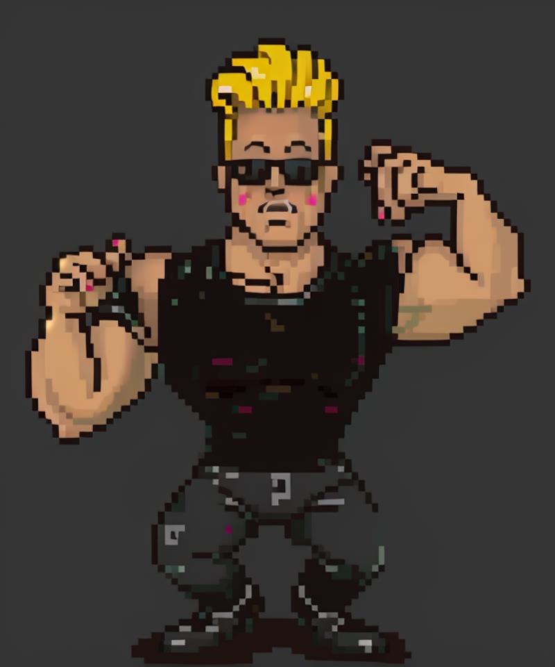 The image features a cartoon character with blonde hair, wearing a black shirt and jeans. The character is holding its arms out, possibly in a defensive or confident pose. The character's outfit consists of a black shirt, jeans, and a pair of sunglasses.