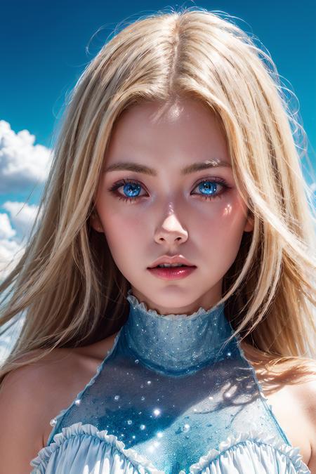 absurdres, highres, (official art, beautiful and aesthetic:1.2), (close view:1.15),
(1girl, blond hair, middle hair, blue eyes, shining eyes, white long dress, Blue Frill,:1.2)
blue sky, Sparkling Galaxy, (Salar de Uyuni:1.2),
water effects, ripple effects, (flower effects:0.65), light effects,