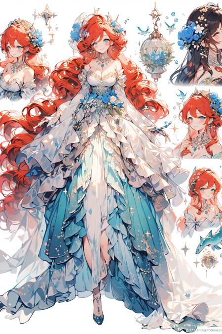 (masterpiece:1.2), best quality,PIXIV,
1girl, long hair, dress, red hair, jewelry, very long hair, necklace, blue eyes, flower, hair ornament, gem, smile, blush, bare shoulders, hair flower, pearl necklace, sparkle, fish, earrings, wavy hair, pearl (gemstone), breasts, strapless, looking at viewer, full body, solo, strapless dress, multiple views, mirror, green dress, cleavage, standing, artist name, makeup
 <lora:fairy tale girl_20230711162639:1>