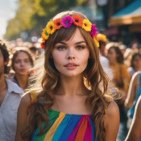 anastasia_shcheglova, <lora:AnastasiaShcheglovaXL:1>, hippie girl, wearing a striped monkey costume, dancing and jumping in a crowd of hippies at a 1970s street parade, ((sharp face, detailed face, realistic face, naturtal skin, realistic skin, detailed skin, pores)), ((perfect eyes, detailed eyes,realistic eyes)), (masterpiece, best quality, ultra-detailed, best shadow), high contrast, (best illumination), ((cinematic light)), colorful, hyper detail, dramatic light, intricate details, (1 girl, solo) , ultra detailed artistic photography, dreamy, backlit, shadows, ultra high definition, 8k, ultra sharp focus, ultra high quality model, soft lighting, film photography, analogue photography, hyperrealism,