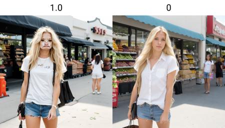 a woman, long hair, blonde hair, wearing white shirt, in front of grocery shops, short sleeve, vehicles passing by  <lora:cow_blockweighted_v11:1.0>