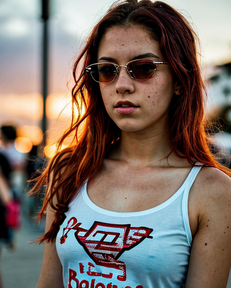 a 18 years old female teen, hair red, (green eyes), red t-shirt, at a plaza full of people, (blue shaded sunglases), at sunset
RAW photo, subject, 8k uhd, dslr, soft lighting, high quality, film grain, Fujifilm XT3