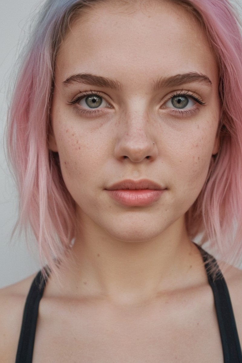 Generate a close-up image that captures an 18-year-old girl with rainbow-colored hair and a sweaty face, looking seductive...