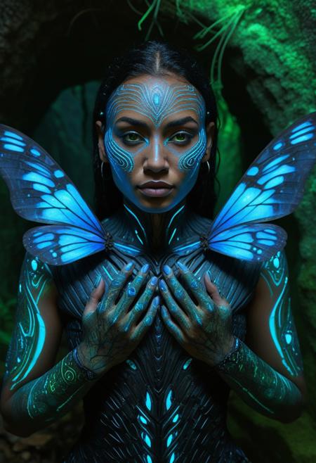 score_9, score_8_up, score_7_up, score_6_up,  1girl, 21yo maori girl, andrid girl, biolumescent tatoo on face, witch, cybernetic hands with neon circuts, upper body focus, she is covering herself by enlarged see-trought butterfly wings,  black cyber wholebody armor made of forged carbon scales,  in the dark , church-like grotto, she is entangled by dark red roots to the grotto floor, illuminated by bioluminescent plants , gems on the cave walls  casting a soft, ethereal light. The ground is covered in luminescent moss and fungi in shades of blue, green, and violet. 
 bokeh, matte_color, flat color,