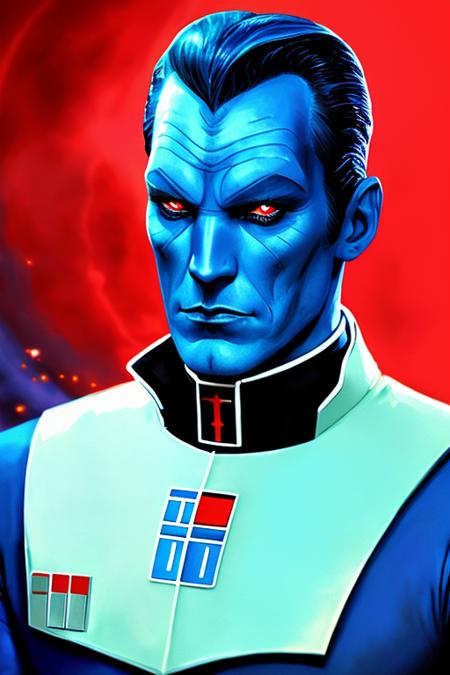 photo of thrawn, an alien, wearing a star wars imperial uniform, (blue skin:1.5), (red eyes:1.3), (colored skin,:1.1), detailed face