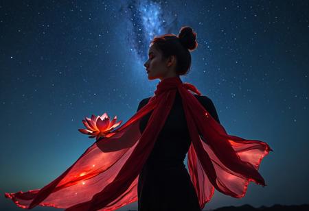 rp_slgd, lotus, On top of the flower sat the silhouette of a woman with her hair in two buns，The woman's body has a long red silk scarf, fluttering in the wind，dramatic light, night, milky way, star sky, glowing, trippy,