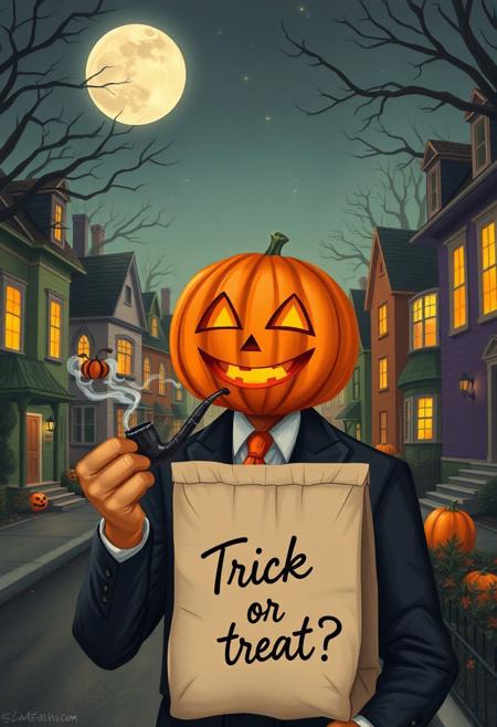 Halloween time, common streets, beautiful houses, nigh, big moon,  jackolantern happy, gentle smile, elegant suit, orange tie, smoking a pipe, a small,  trick or treat, a paper bag with the text "soul bag" handwrite, cursive font proclaiming "Trick or treat?".