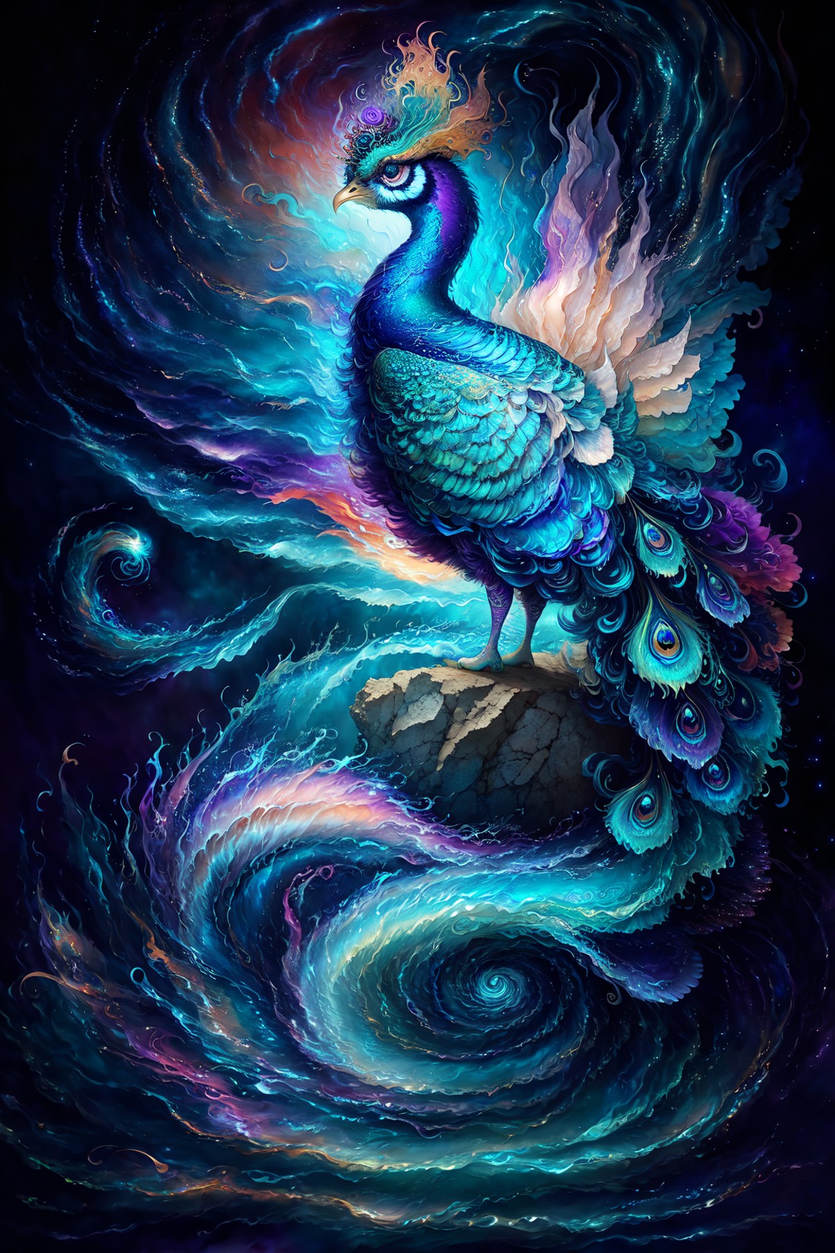Style-SwirlMagic, Portrait of a beautiful peacock, by Ismail Inceoglu, Gazelli, james jean, Anton Fadeev and Yoshitaka Ama...