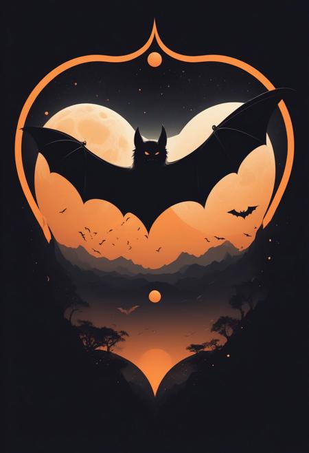 Vector Art, Dramatic Noir Silhouette, Bold Black and Orange Color Palette, (Moonlit Worlds:1.3), Heart-shaped Nebula, (Mystical Bats:1.2), Geometric Celestial Bodies, (Intricate Batwing Patterns:1.2), (Radiant Crescent Moon:1.3), Mesmerizing Geometric Shapes, (Emphasized Chiaroscuro:1.2), Captivating Composition, (Noir Enigma:1.2). simple background logo