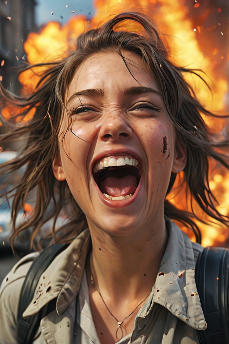 a hyper realistic macro close up picture of a naughty girl laughing, standing on the right front of the screen, burning ex...