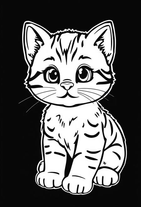 Black and white little cat coloring page for baby ages 2-7 with vector style for adults with easy thick lines and low details without shading, pure black background